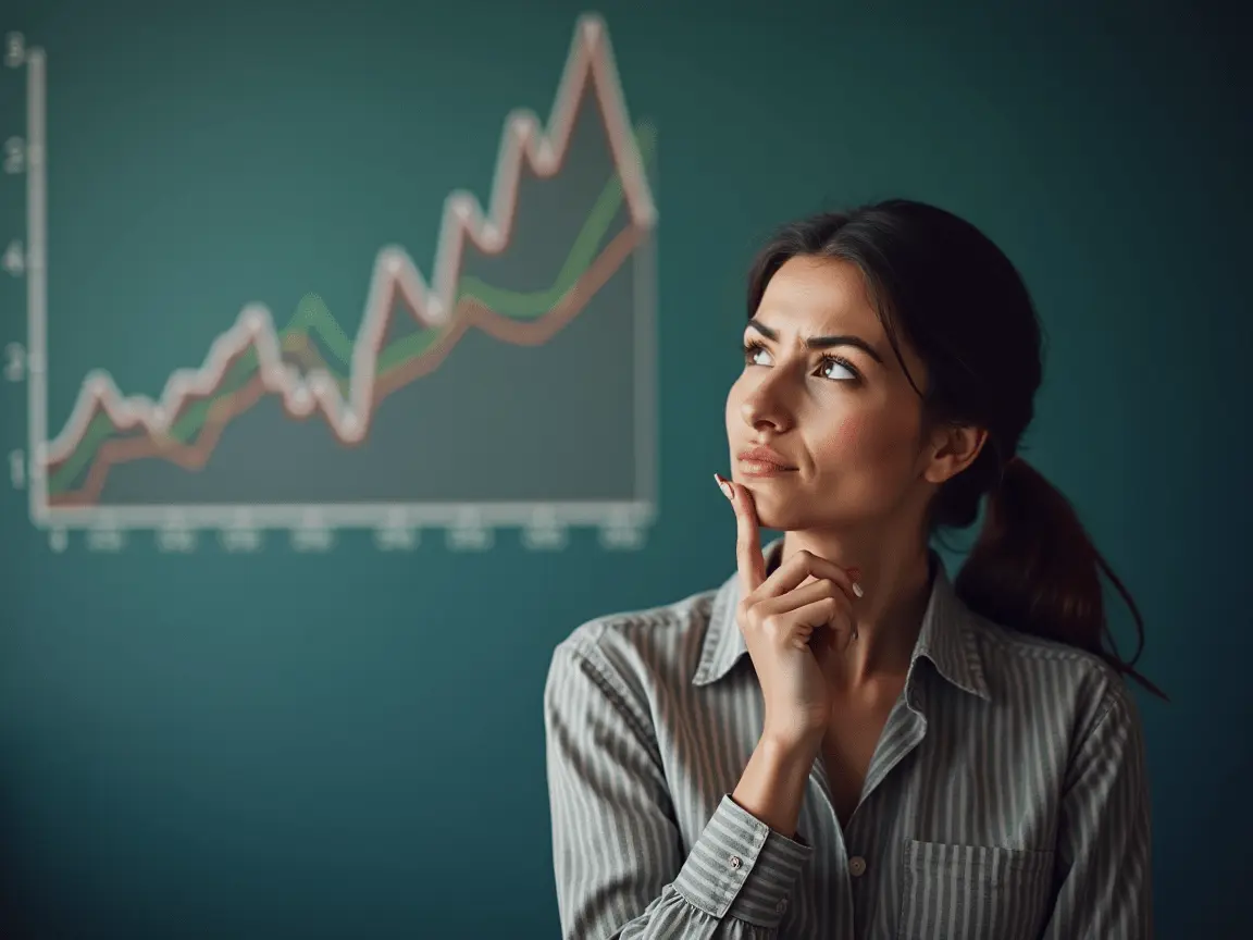 A businesswoman sitting and looking at mortgage rate trends with a rising interest rate graph in the background; showing mortgage rates and home loan market trends today.