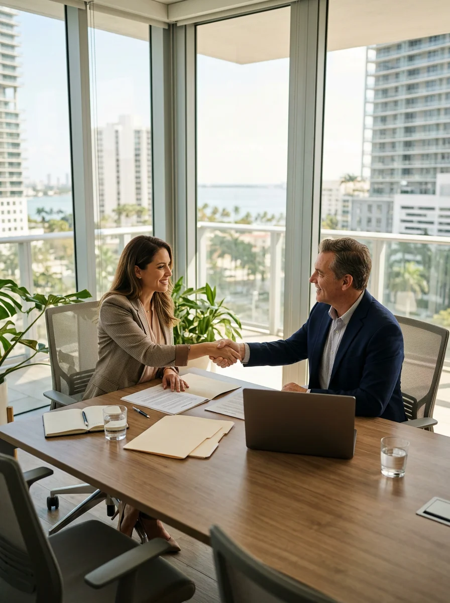 Business owner shaking hands with a Prime CRE Lenders commercial loan advisor in Miami