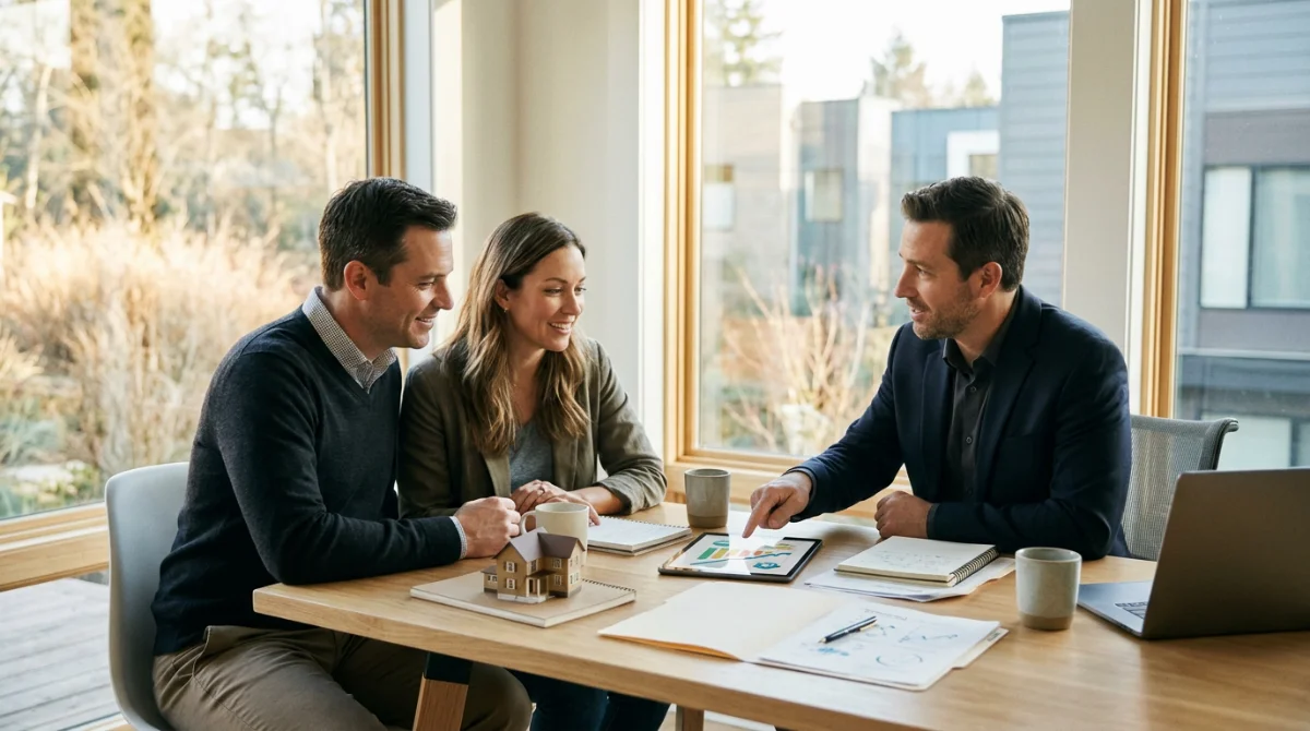 Homeowners discussing a cash-out refinance with a mortgage lender