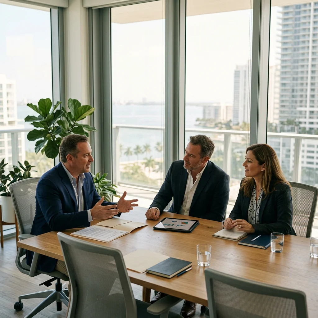 Prime CRE Lenders advisor meeting with business clients in a Miami office
