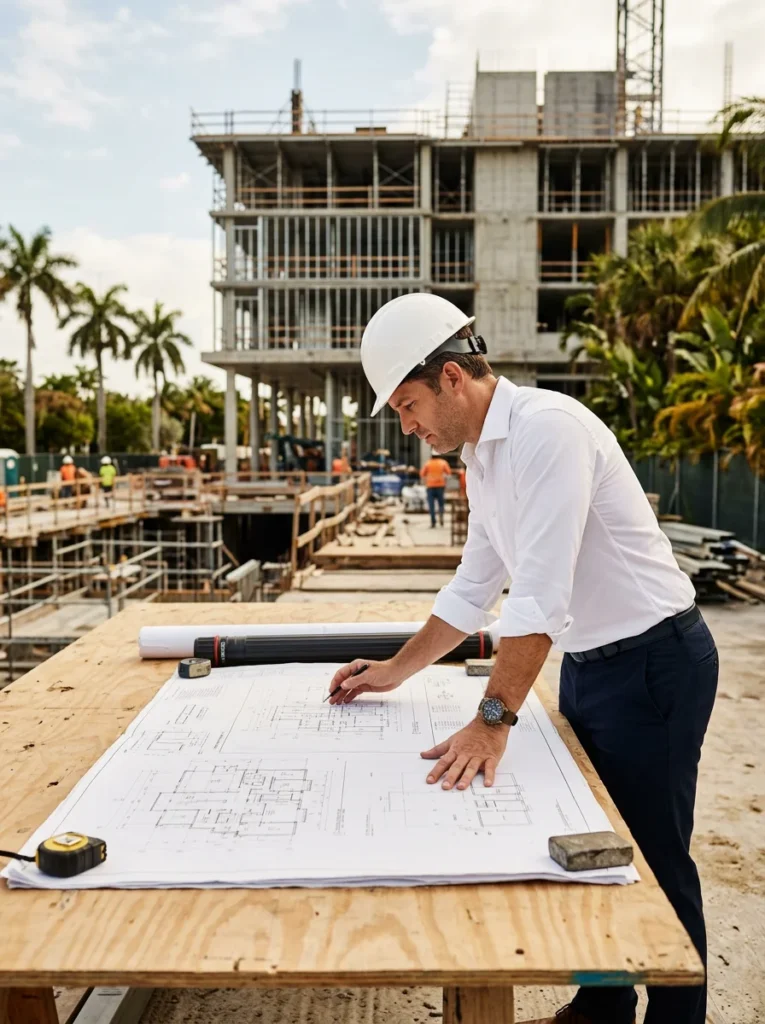 Developer reviewing blueprints at a Miami commercial construction site financed by Prime CRE Lenders