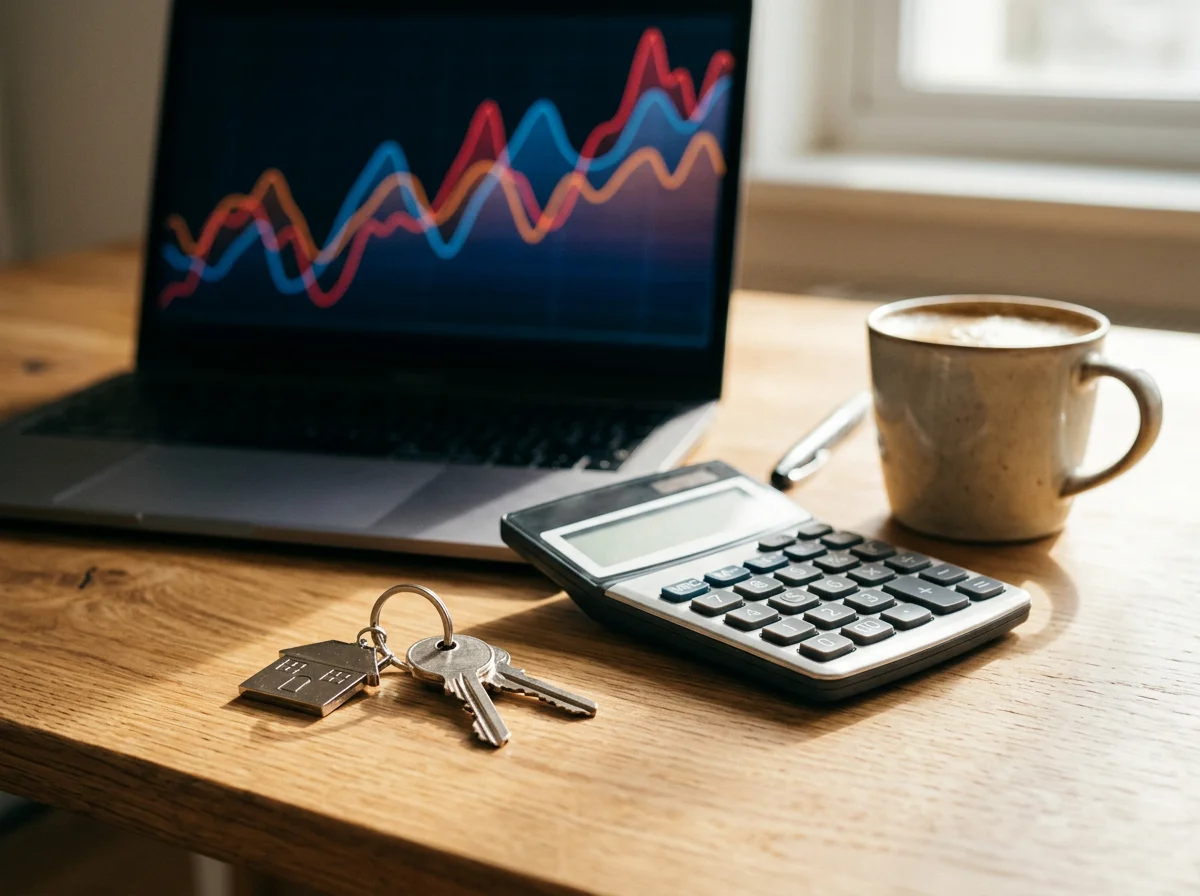 Laptop showing mortgage rate trends with calculator and house keys – current mortgage rates