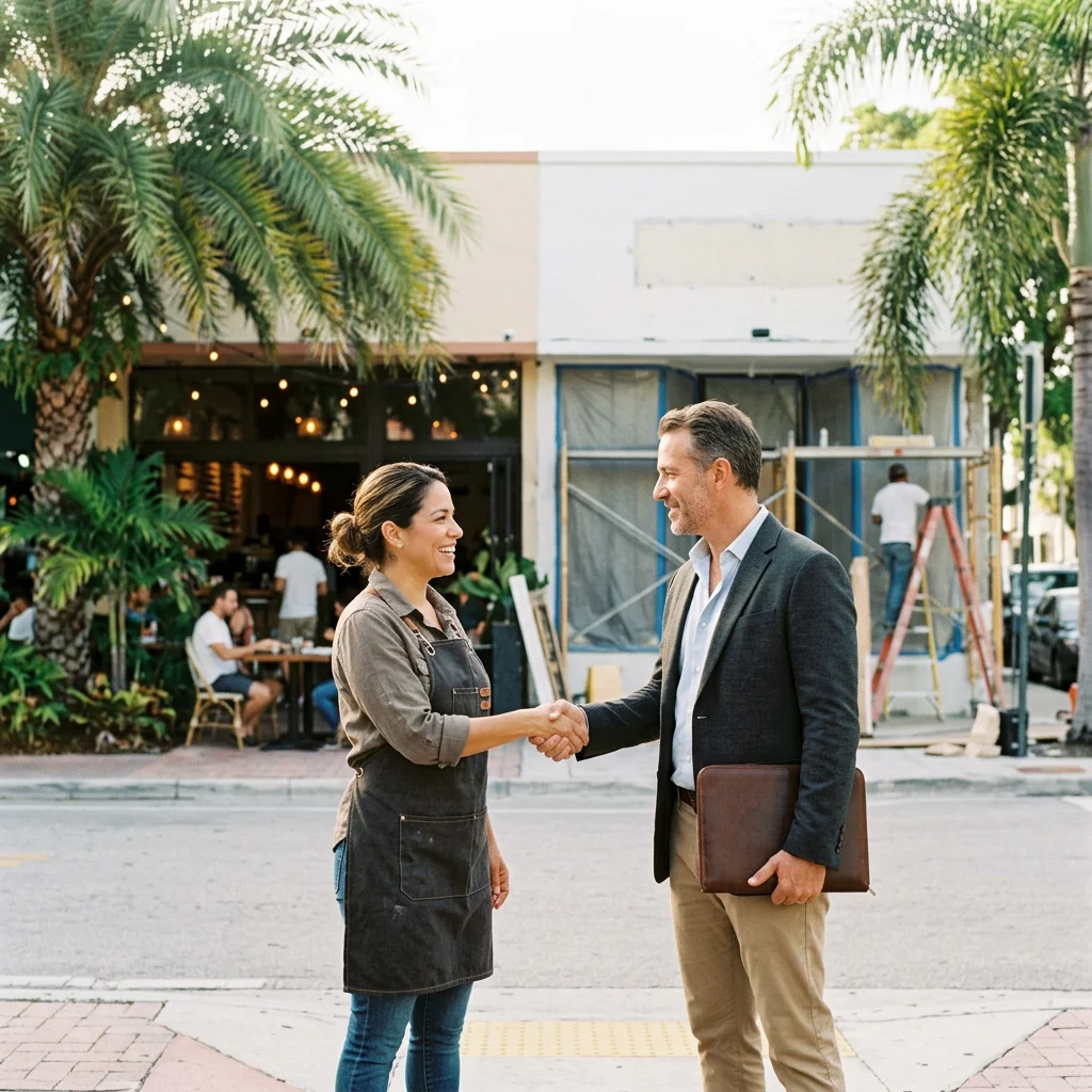 Miami café owner shaking hands with a Prime CRE Lenders advisor – growing your business with SBA loans