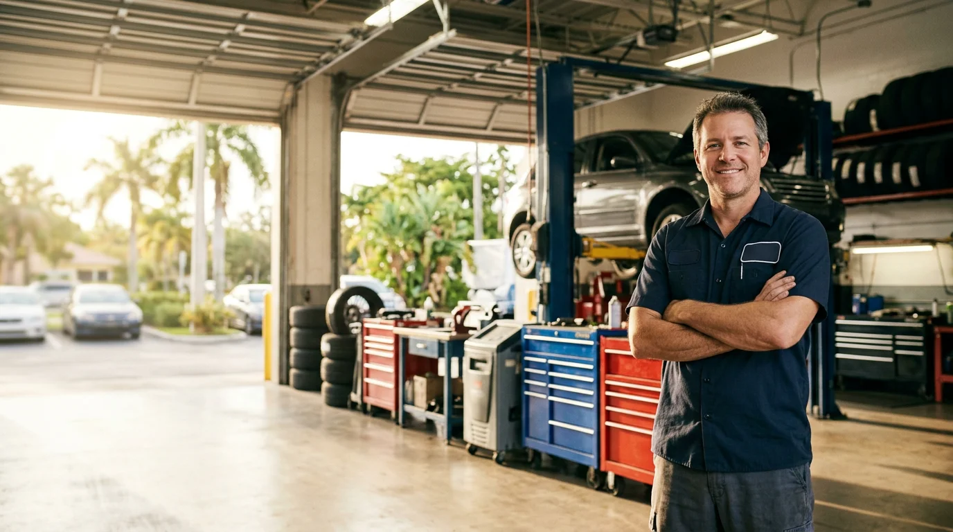 Small business owner in his auto service shop – get started with an SBA loan