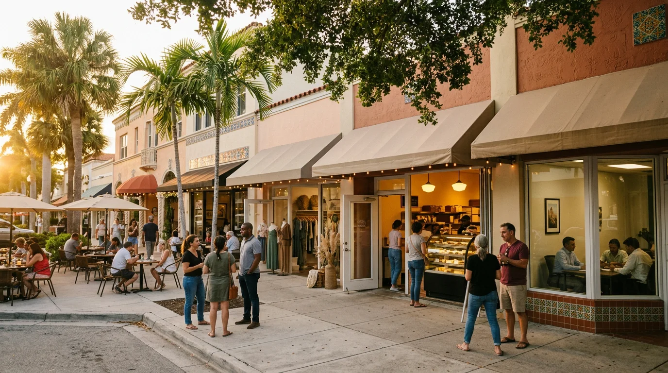 Locally owned small businesses on a South Florida main street – SBA loans from Prime CRE Lenders